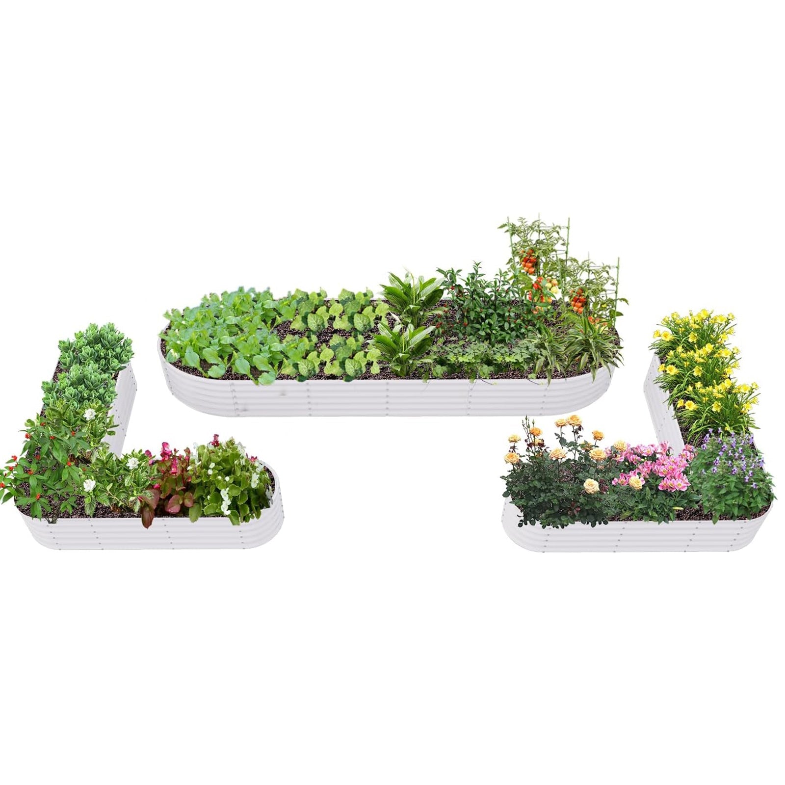 Set of 3: 144''x36''x18'' & 81''x81''x18'' Raised Garden Beds Layout（Quartz Gray/Classic White）