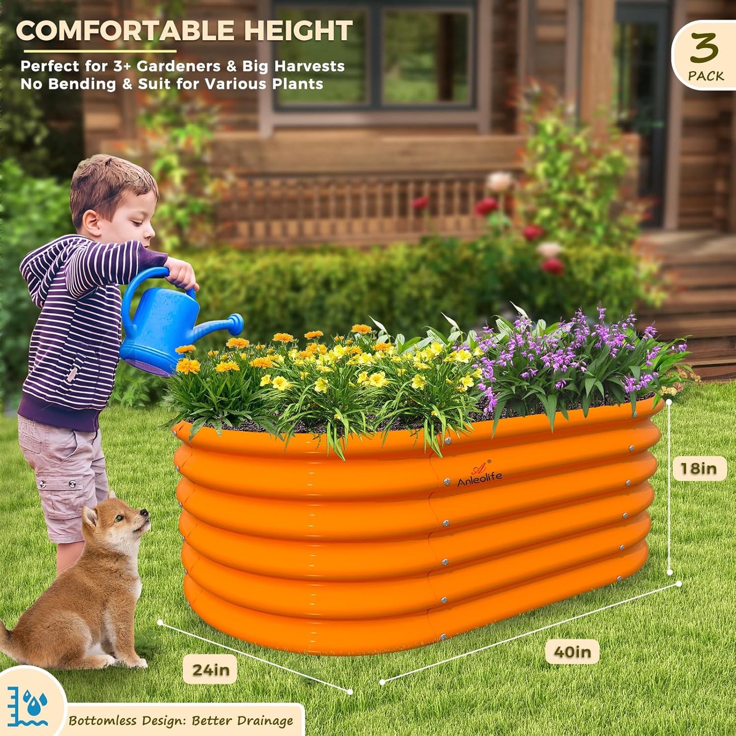 Garden Play – 40''x24''x18'' Oval Raised Garden Beds for Kids (3 packs, Orange)