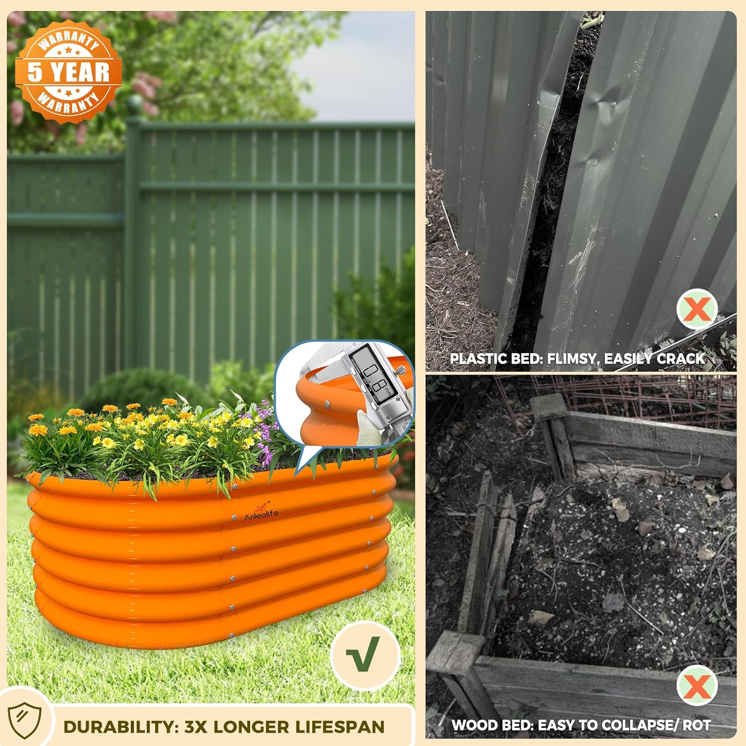 plastic raised planting beds 3-pack Kids Mini Blue Metal Oval Raised Garden Bed Planter Box For Planting Vegetables (40 In. L X 24 In. W X 18 In. H) A Anleolife Color: Orange