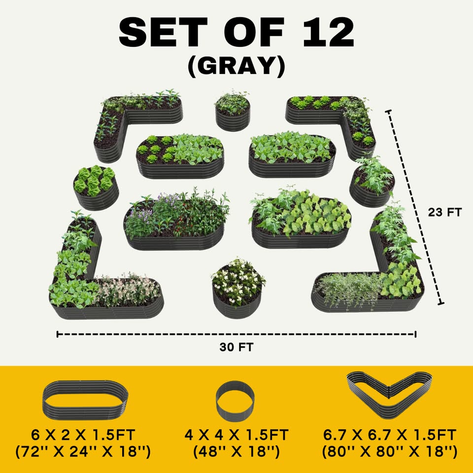 Set of 12:  72''x24''x18'', 48''x18'', 81''x81''x18'' Raised Garden Beds Layout (Quartz Gray/Classic White)