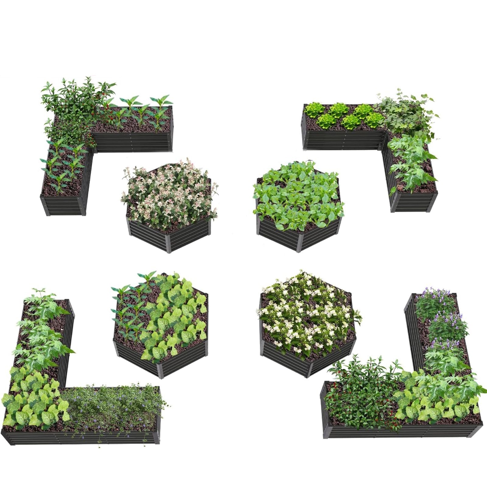 Set of 8: 70''x60''x18'' & 74''x74''x18'' Geometric Metal Raised Garden Bed Layout (Quartz Gray/Classic White)