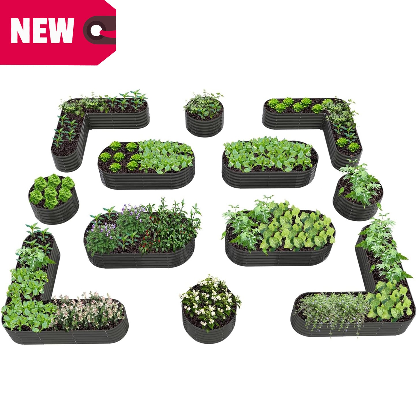Set of 12:  72''x24''x18'', 48''x18'', 81''x81''x18'' Raised Garden Beds Layout (Grey/White)