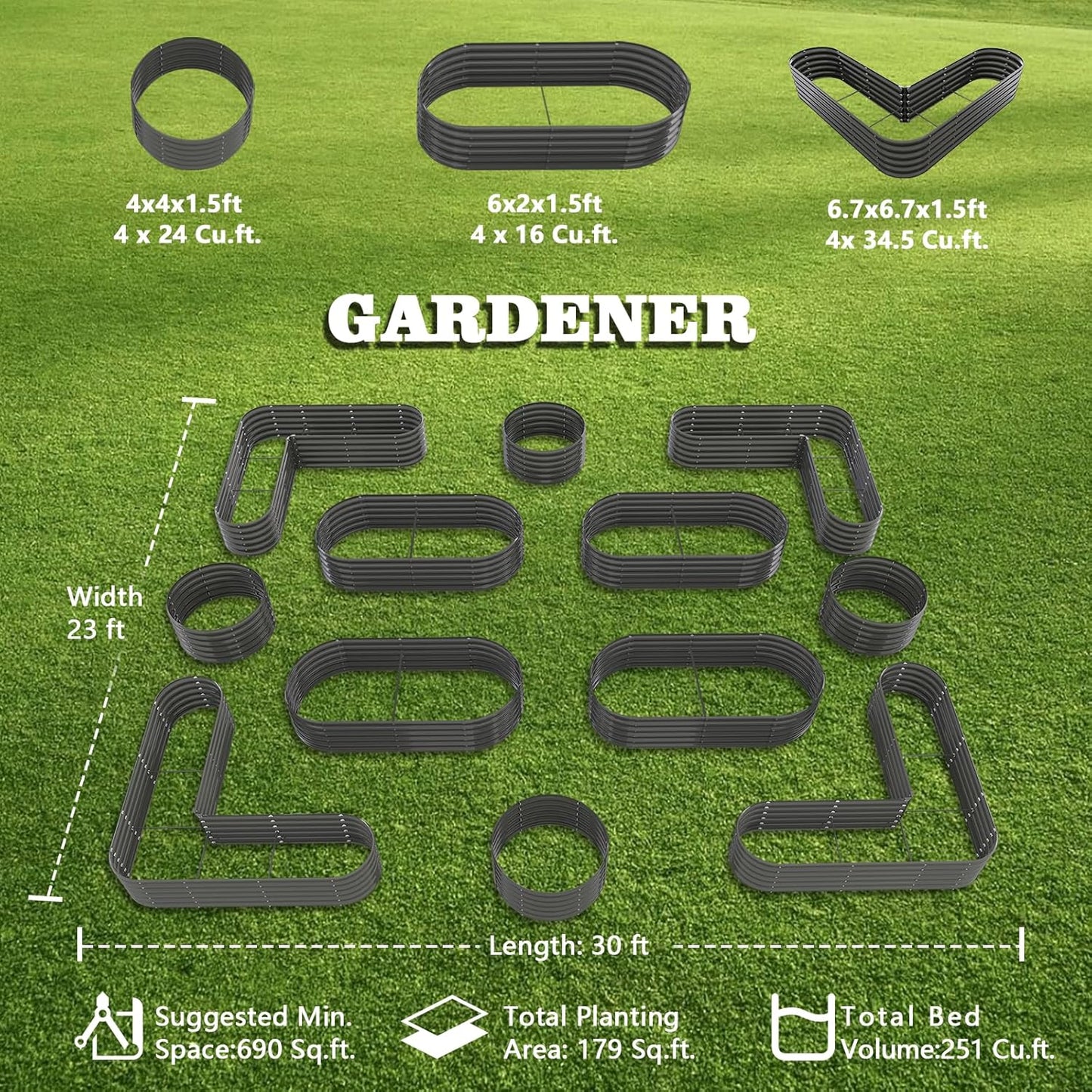 Set of 12:  72''x24''x18'', 48''x18'', 81''x81''x18'' Raised Garden Beds Layout (Grey/White)
