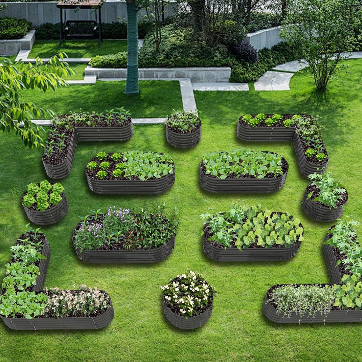 Set of 12:  72''x24''x18'', 48''x18'', 81''x81''x18'' Raised Garden Beds Layout (Grey/White)
