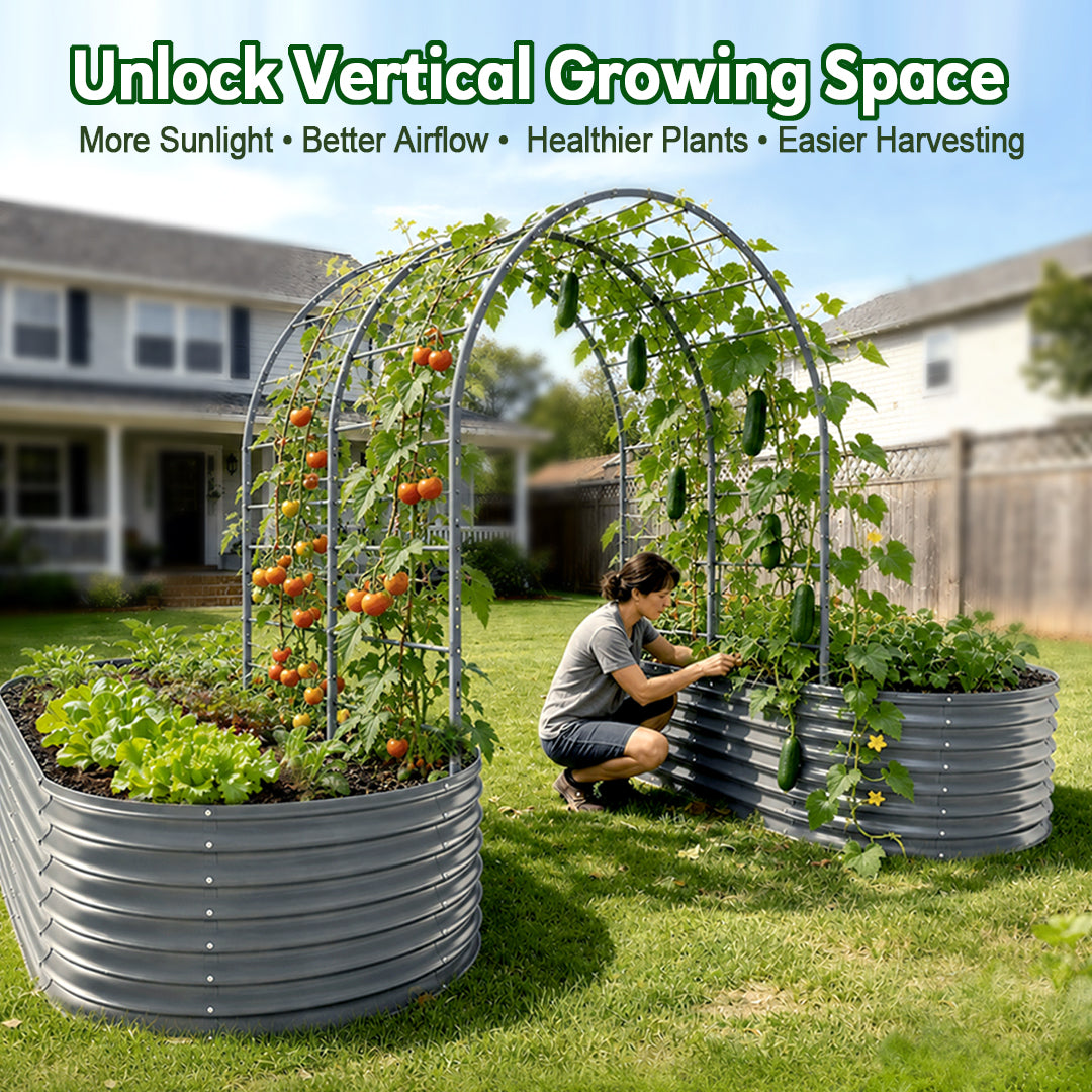 24" Extra Tall 3-Part Garden System, 4 Raised Garden Beds with Arch Trellis and Drip Irrigation Kit