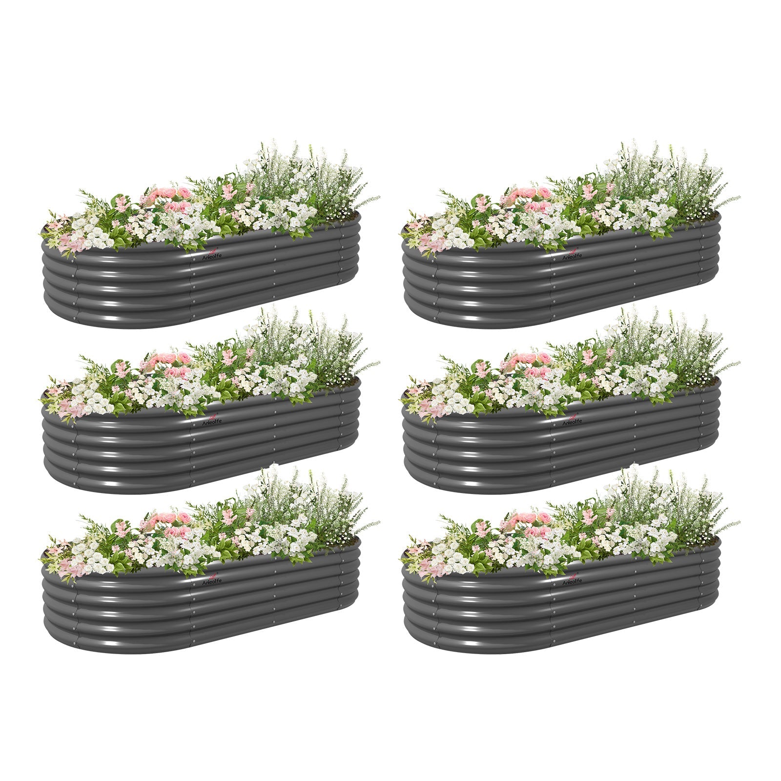 Set of 6: 8x4x1.5ft Oval Modular Sturdy Metal Raised Garden Bed (Grey)