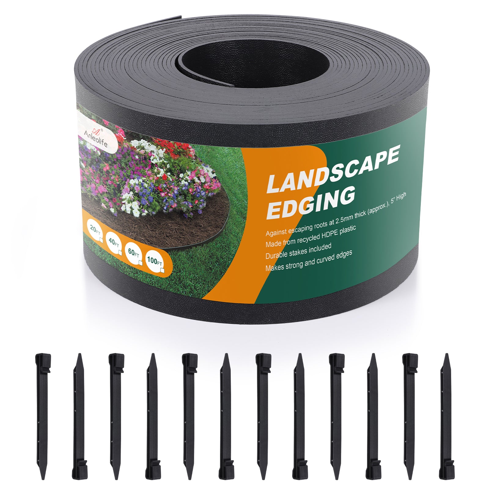 5''x 40ft  Anti-UV Black Plastic Garden Landscape Edging, 12pcs Stakes incl.