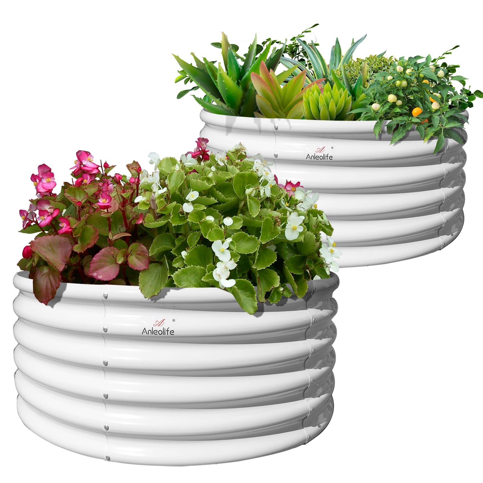 Set of 2: 48"x48"x18" Round Metal Raised Garden Beds (Classic White)