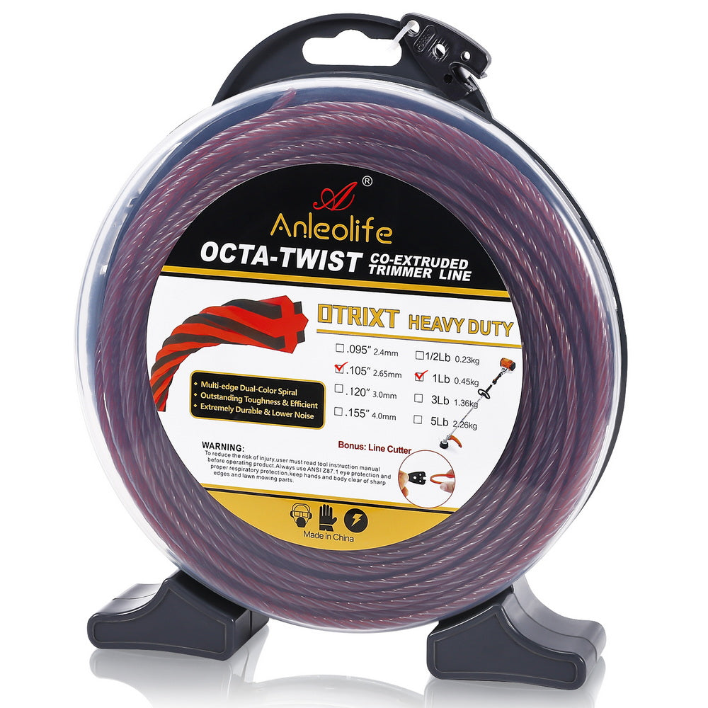 A ANLEOLIFE 1-Pound Heavy Duty Octa-Twist .105-Inch-by-256-ft Trimmer Line Donut,OTRIXT Co-Extruded Multi-Edge Spiral Weed Eater String, Red, Size