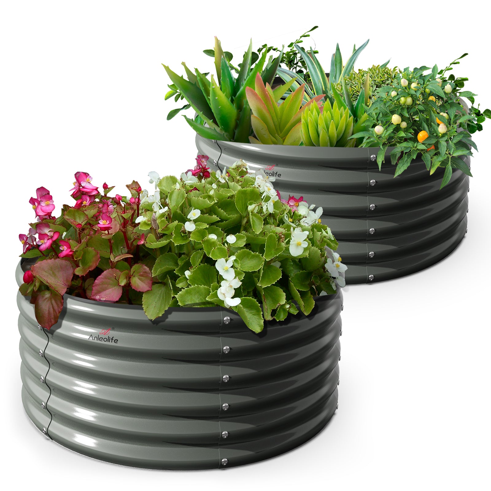 Set of 2: 48"x48"x18" Round Metal Raised Garden Beds (Quartz Gray)