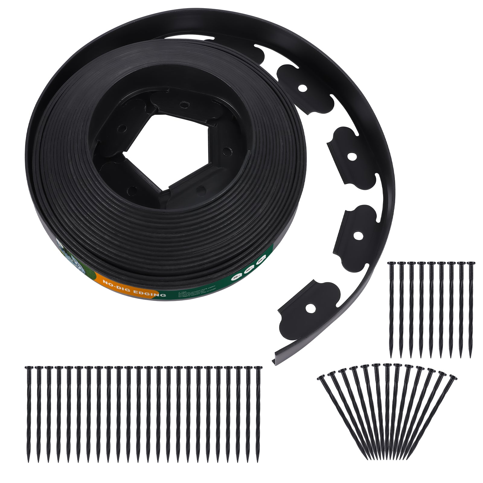 2''-Tall Black Plastic Garden Landscape Edging Kit, No-dig, Spikes incl.