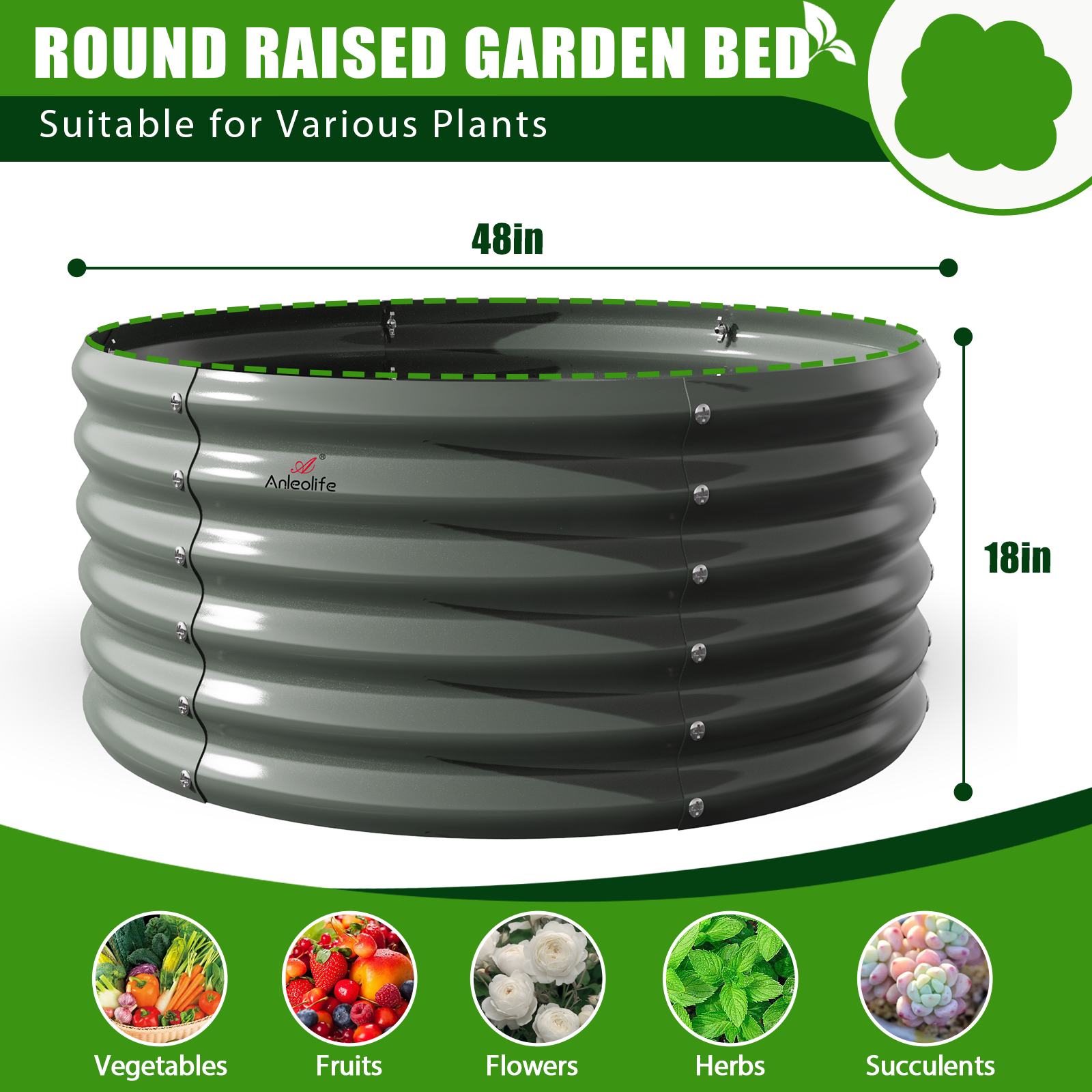 Set of 2: 48"x48"x18" Round Metal Raised Garden Beds (Quartz Gray)