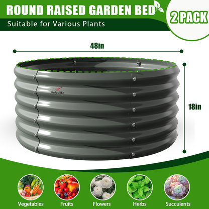 Set of 2: 48"x48"x18" Round Metal Raised Garden Beds (Grey)