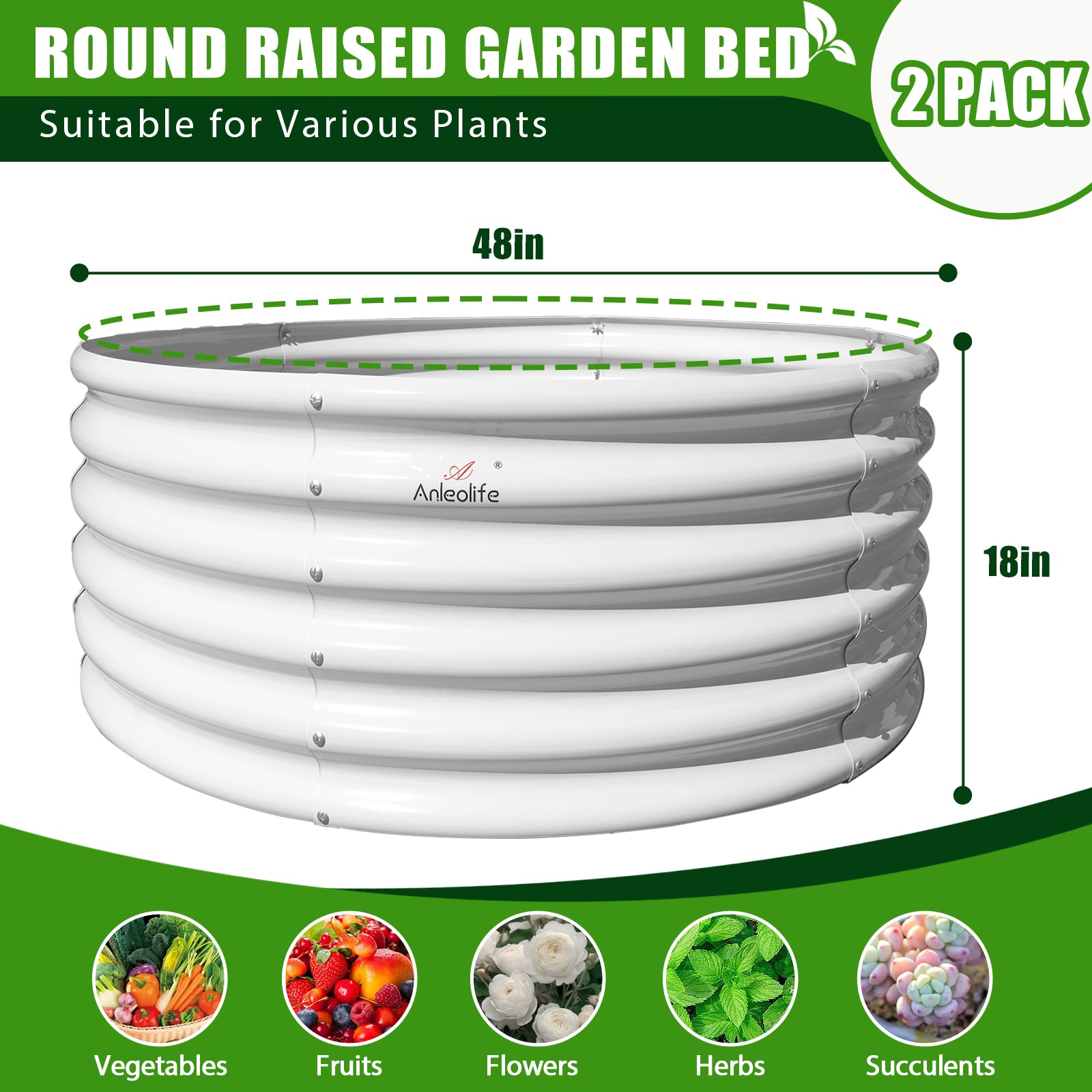 Set of 2: 48"x48"x18" Round Metal Raised Garden Beds (Classic White)