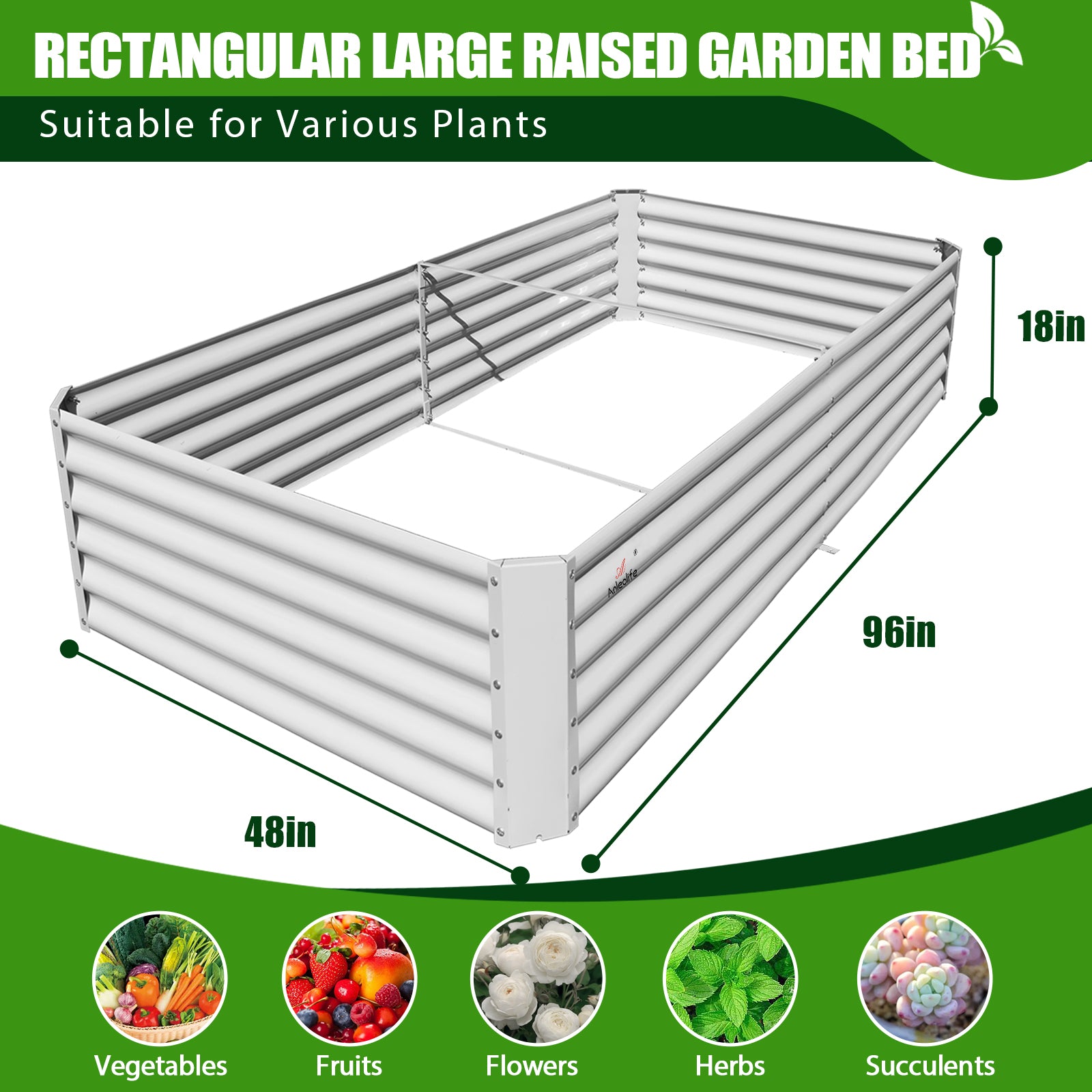 Rectangular Modular Metal Raised Garden Bed (White)