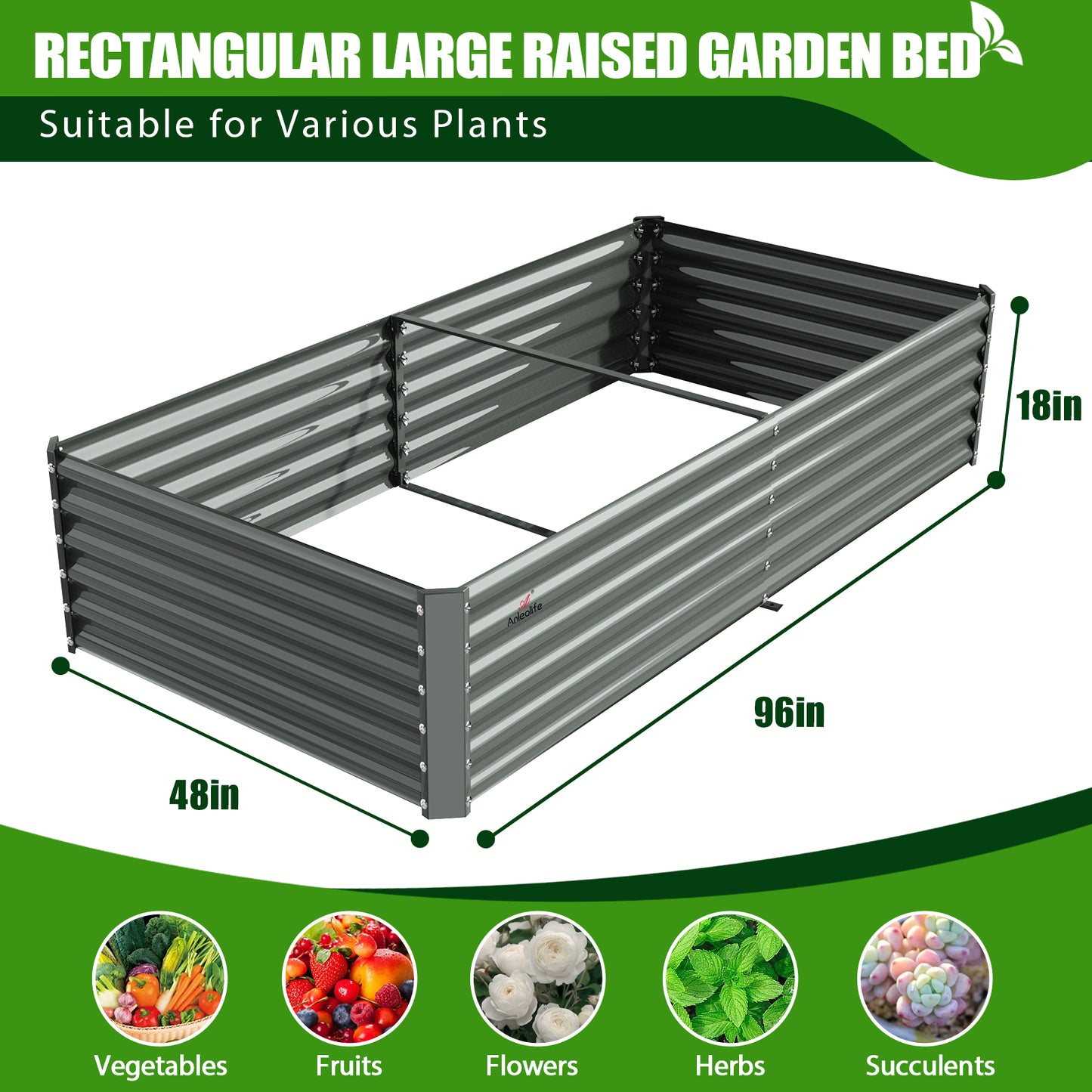 8x4x1.5ft Rectangular Modular Metal Raised Garden Bed (Grey)