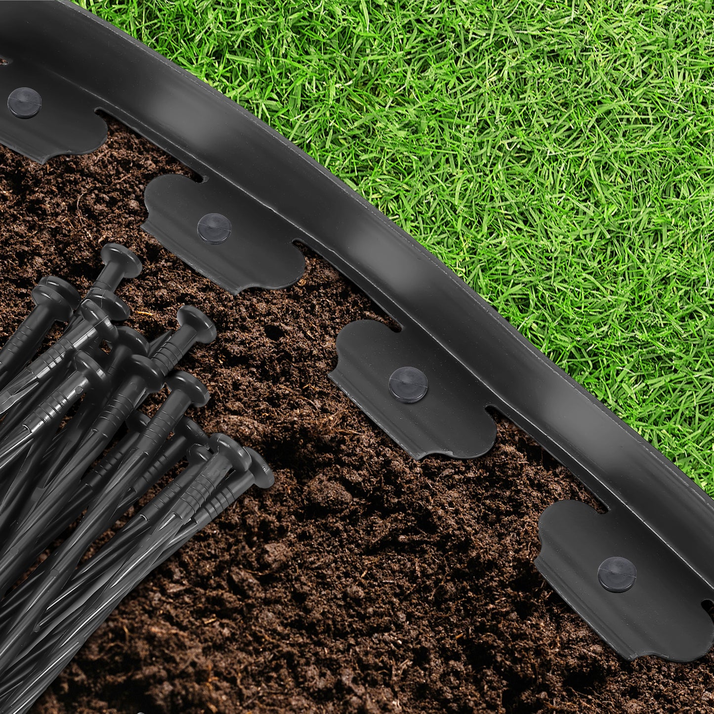2''x20ft No-dig Black Plastic Garden Landscape Edging Kit, 24pcs Spikes incl.