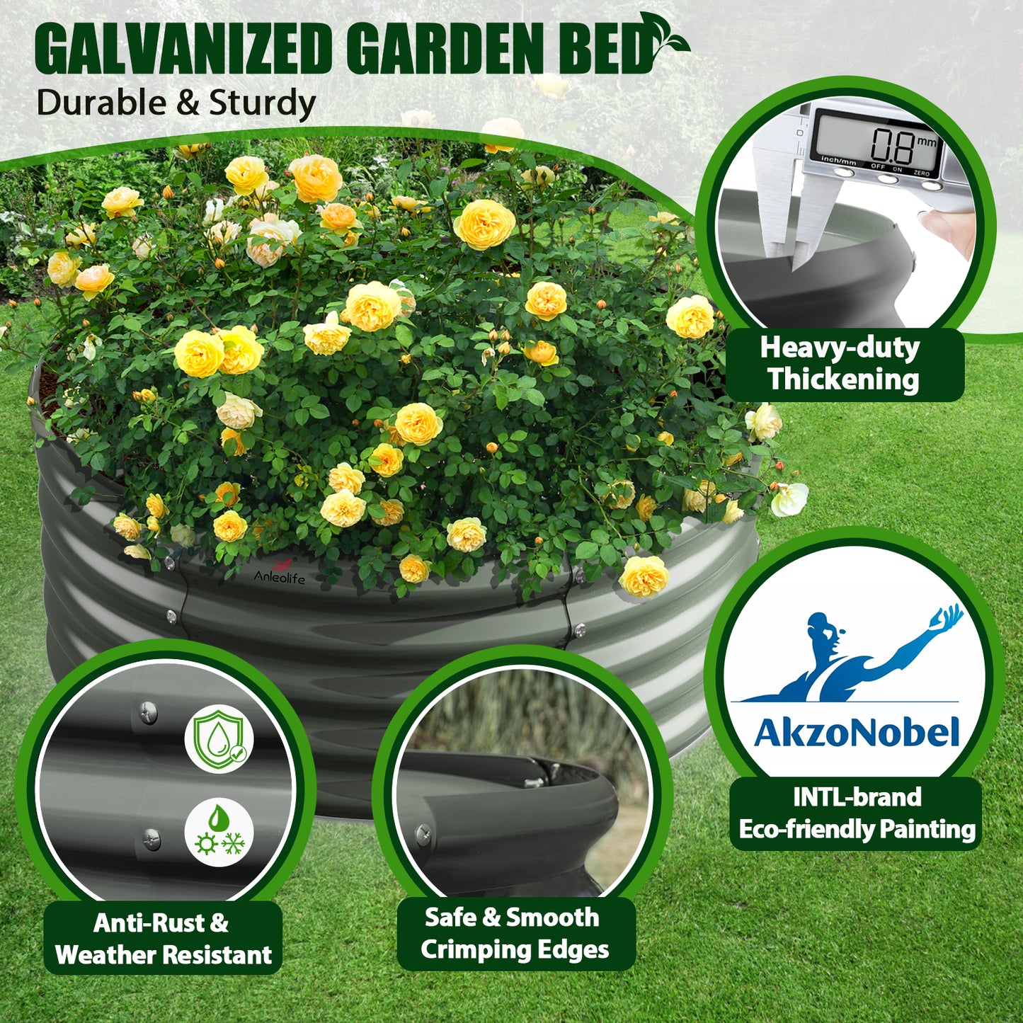 4x1.5ft / 3x2ft Round Modular Metal Raised Garden Beds Set (Grey)