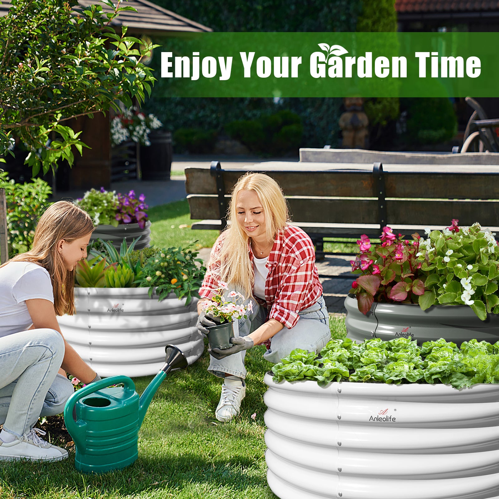 Set of 2: 48"x48"x18" Round Metal Raised Garden Beds (Quartz Gray)