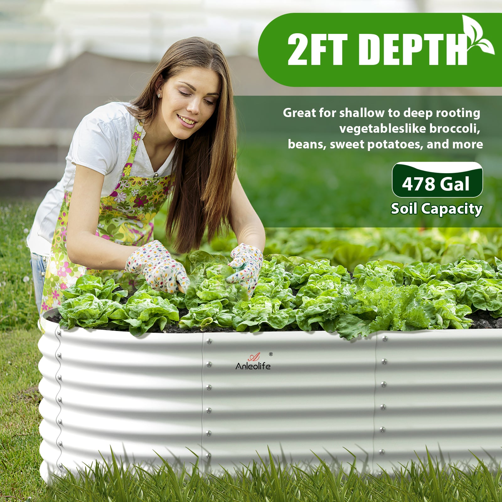 8x4x2ft Oval Modular Metal Raised Garden Bed (Classic White)