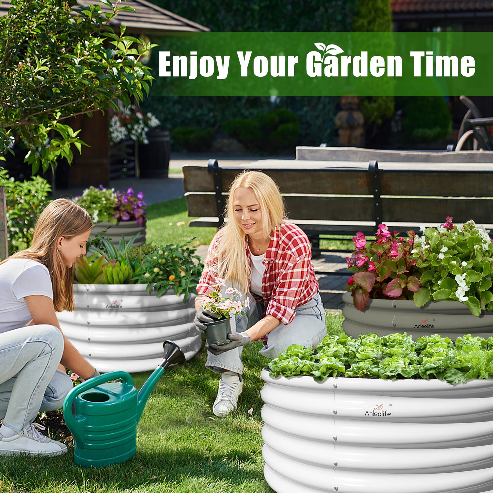Set of 2: 48"x48"x18" Round Metal Raised Garden Beds (Classic White)