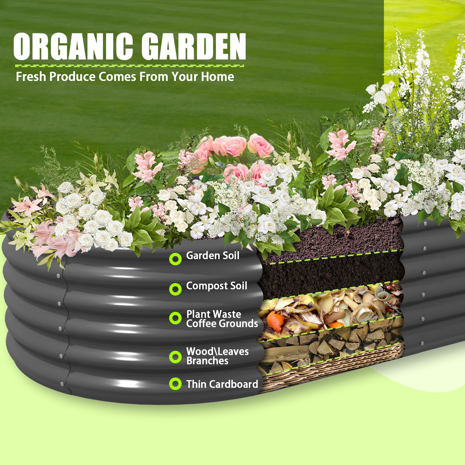 Set of 5: 12x3x1.5ft & 6x2x1.5ft  Oval Metal Raised Garden Bed (Quartz Gray/Classic White)
