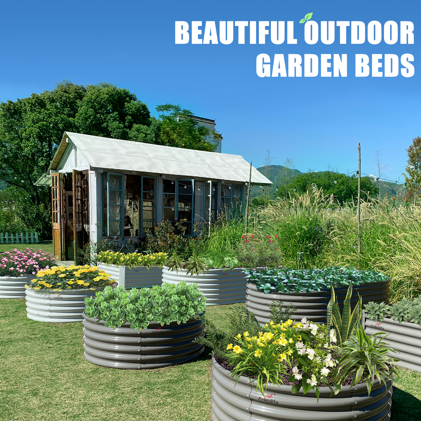 Set of 5: 12x3x1.5ft & 6x2x1.5ft  Oval Metal Raised Garden Bed (Quartz Gray/Classic White)